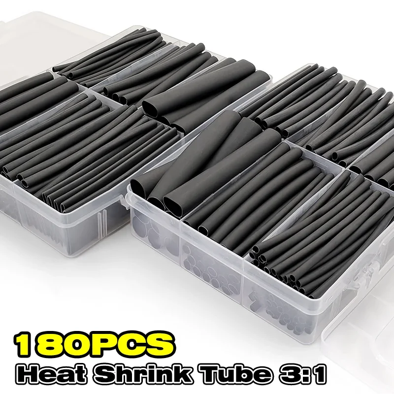 180Pcs Black 3:1 Anti-Corrosion Heat Shrink Wrap Flame Retardant For Forklift Engineering Vehicle Wiring Cable Isolation Cover
