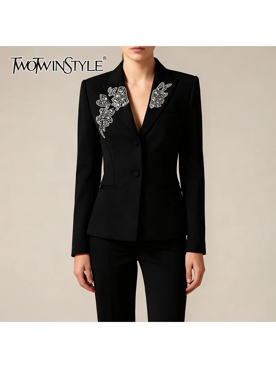 

TWOTWINSTYLE однотонные утягивающие пиджаки с бисером, темпераментные пиджаки для женщин, туника с длинными рукавами и лацканами, модный блейзер, женская одежда