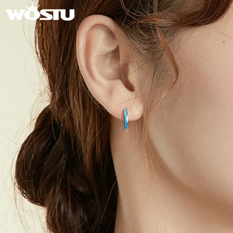 WOSTU Real 925 Sterling Silver Simple Opal Hoop Earrings Blue Circle Earrings For Women Original Silver 925 Jewelry CQE992