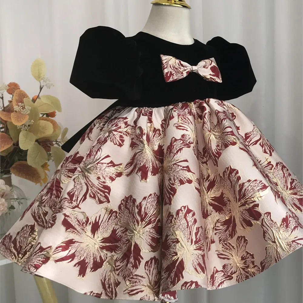 Velvet patchwork jacquard dress baby girl princess dress party  frock for girl