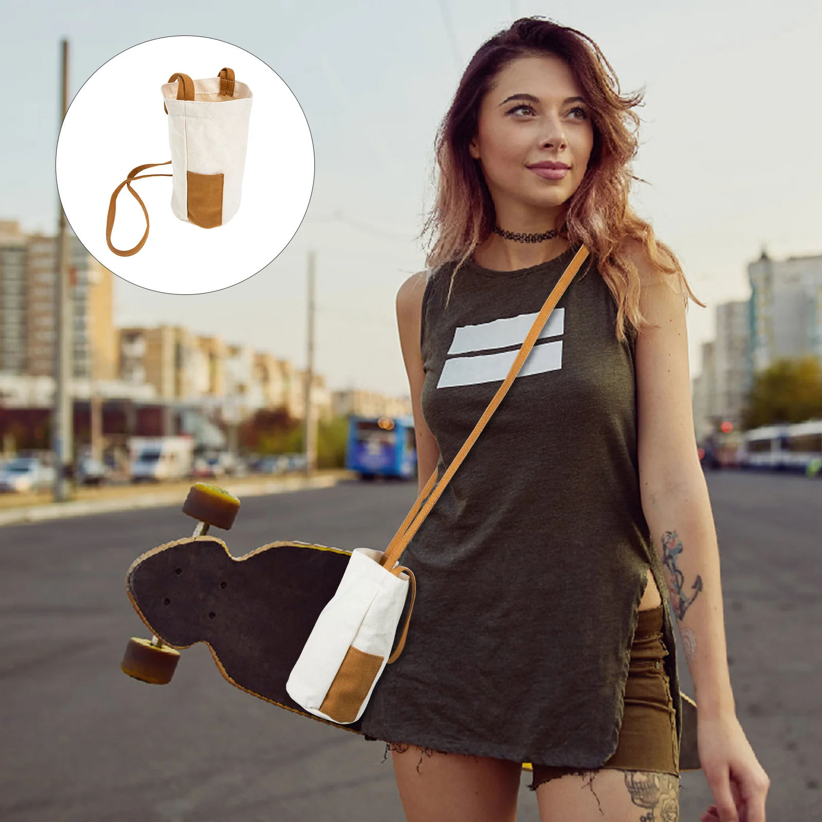 

Canvas Tote Water Bag Umbrella Sleeve Cover Cross-body Hanging Brown Cup Storage Pouch