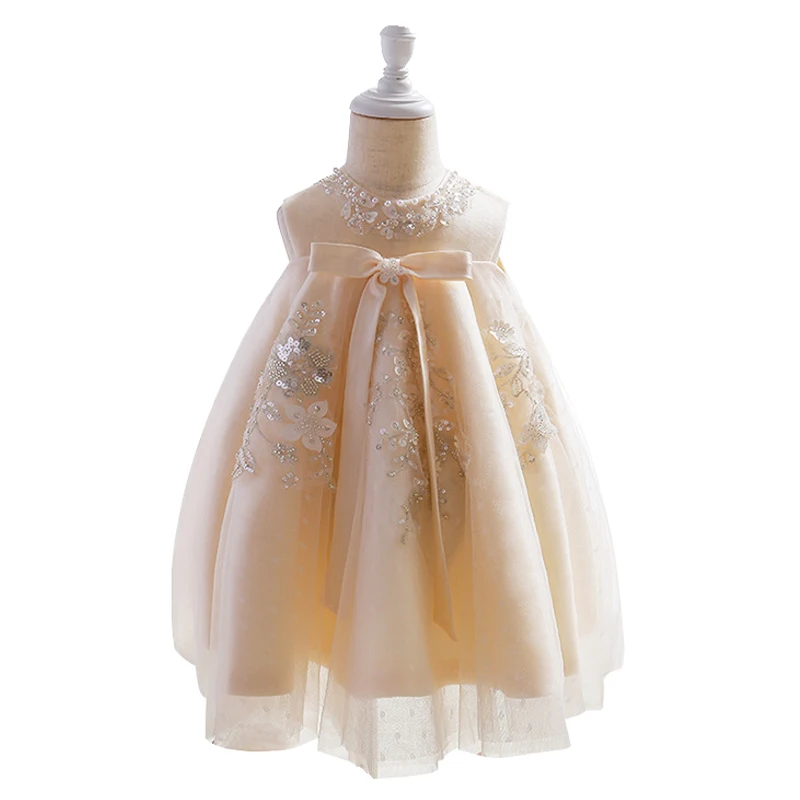 Baby Girls Champagne Beaded Empire Flower Girl Dress for Wedding Gray Tulle 1st Birthday Ceremonial Bow Gown for Toddler Kids