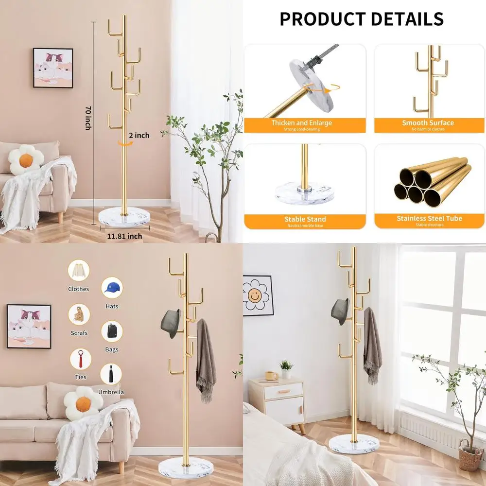 

Freestanding Cactus-Shaped Coat Rack with Natural Marble Base and 8 Hooks for Entryway or Office