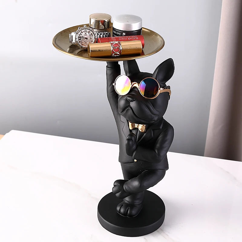 KungFu Bulldog Butler With Tray for Keys Jewelry Stock Storage Nordic Home Decor Dog Statues Resin Sculpture Desk Decoration
