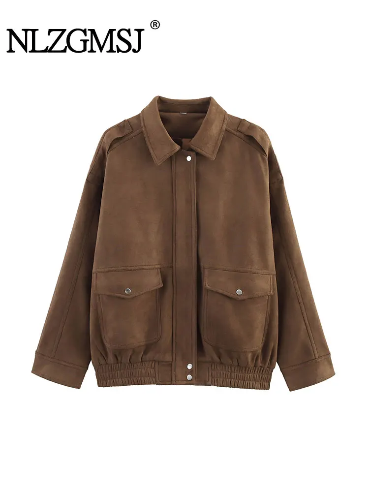 

Весенние замшевые текстуры 2024, повседневные шикарные женские куртки, однотонные свободные пальто с отложным воротником и карманами на молнии, модная верхняя одежда