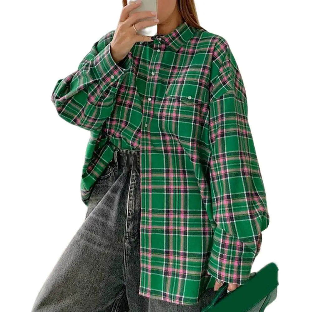 Women Lapel Blouse Plaid Print Lapel Shirt Coat for Women with Single-breasted Buttons Flap Pockets Loose for Women for Plaid