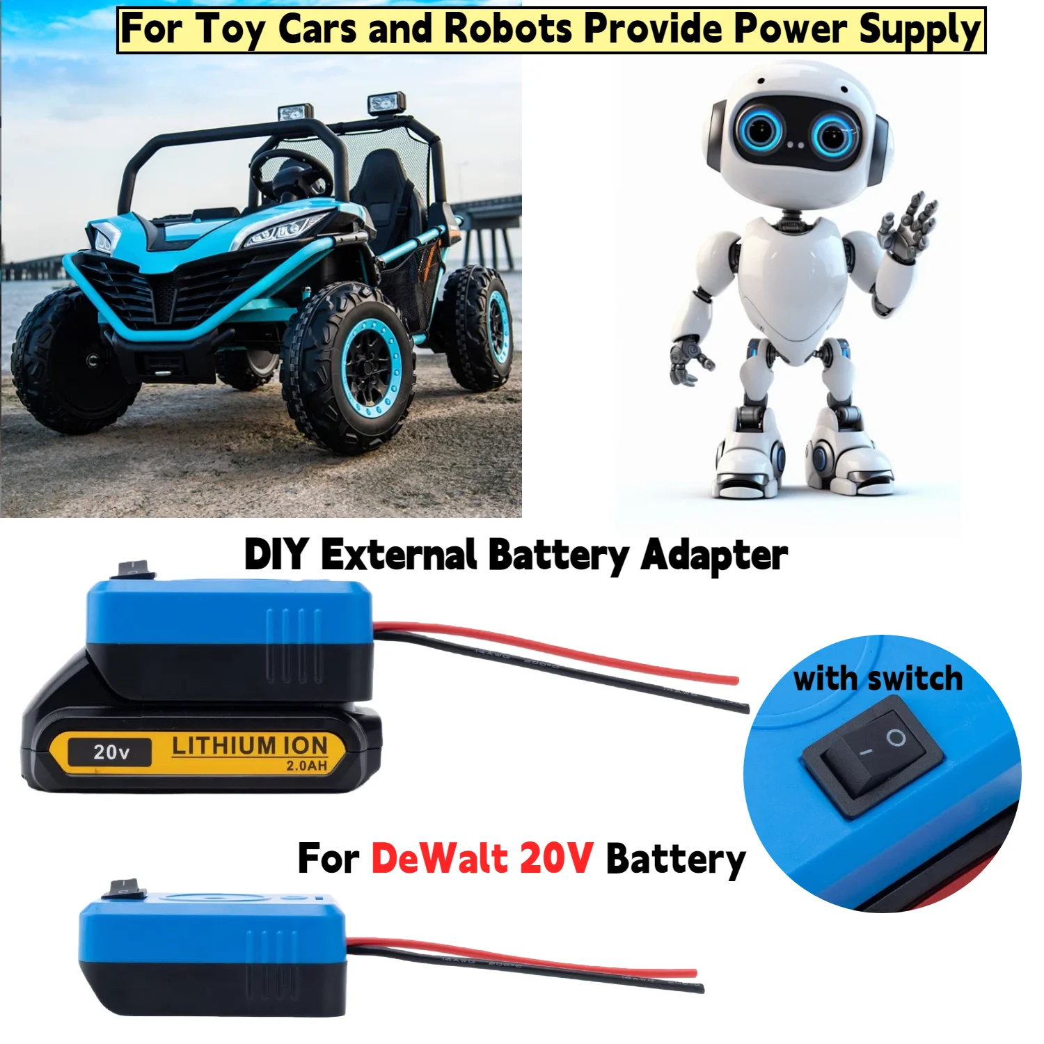 

2pcs DIY External Battery Adapter Converter for DeWalt 18V 20V Battery 14 AWG Wire for Toy Cars and Robots Provide Power Supply