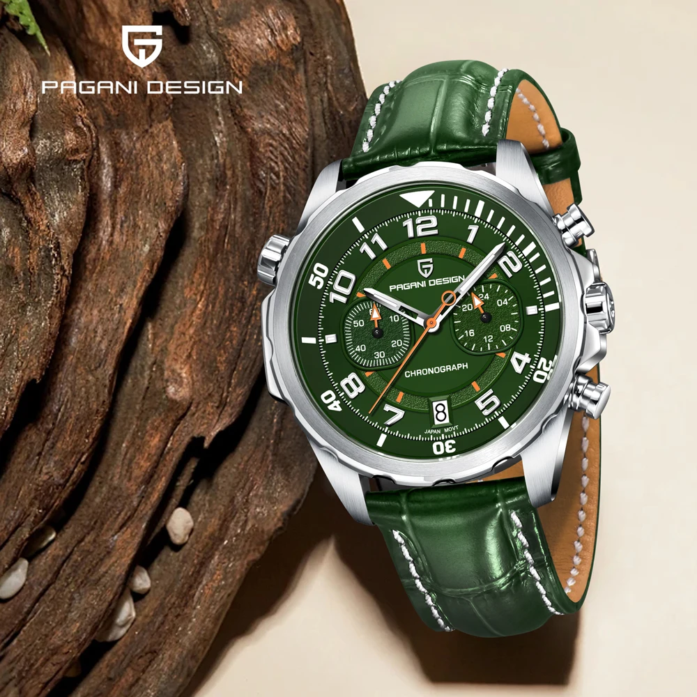 PAGANI DESIGN Watches 2025 New Luxury Sapphire Crystal Quartz Leather Watch For Men Luminous Bezel Sports Waterproof Chronograph