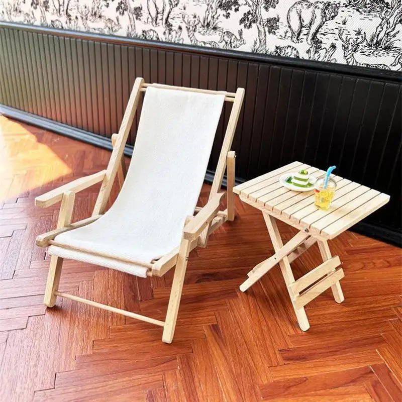 Doll House Folding Chairs Doll House Toy Foldable Deck Chair 1:6 Simulation Foldable Wooden Seat Chair Doll House Accessory For