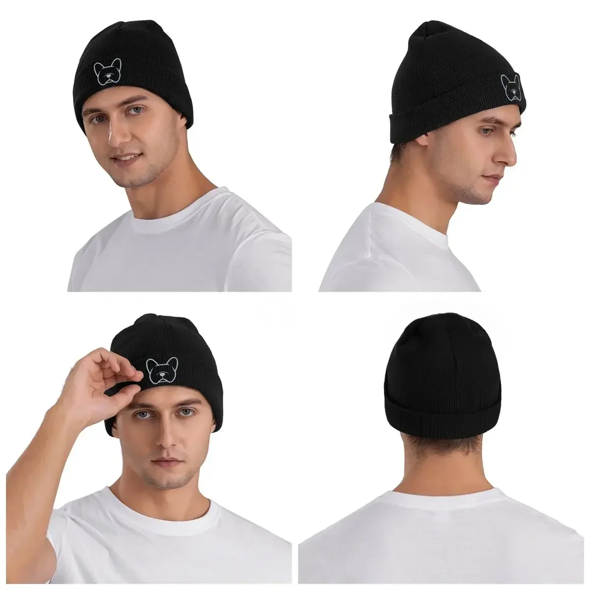 French Bulldog Face Silhouette In Light Gray On Navy Knitted Cap Hip Hop Bonnet Hat Autumn Winter Beanies For Men Women Adult