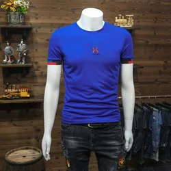 Mercerized Cotton Men's T-Shirts 2022 Summer New Trend Brand Logo Embroidery Design Cuffs Stitching Slim O-Neck Tees Blue M-4XL