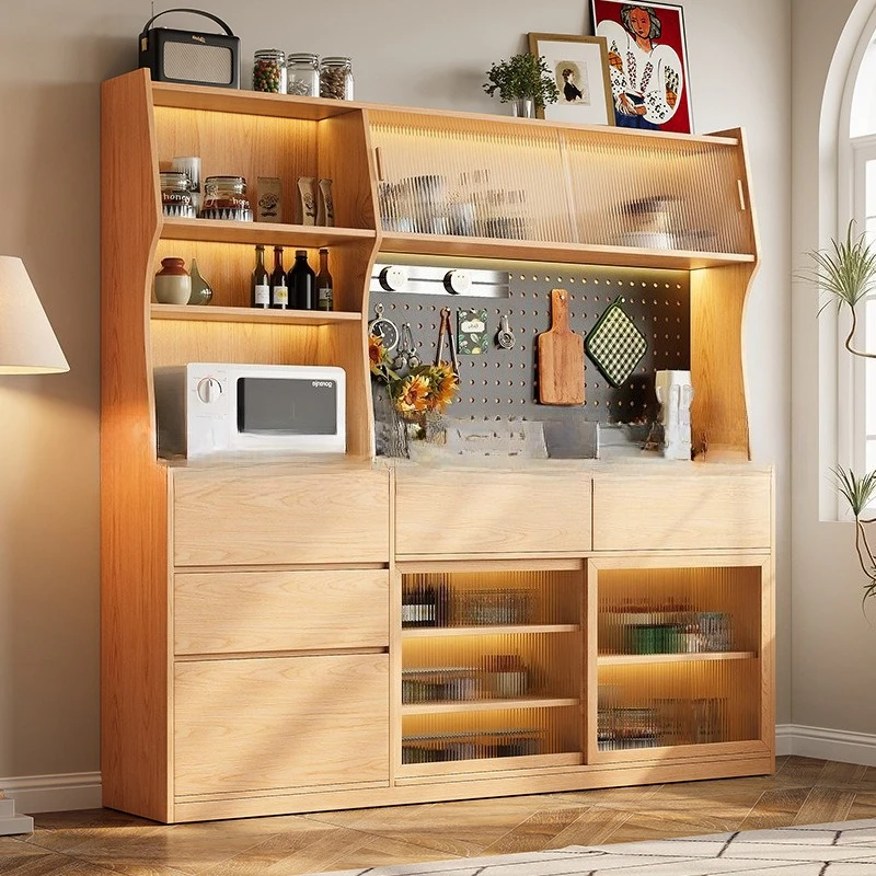 

Log color oak living room dining side cabinet household small apartment storage tall and short cabinet against the