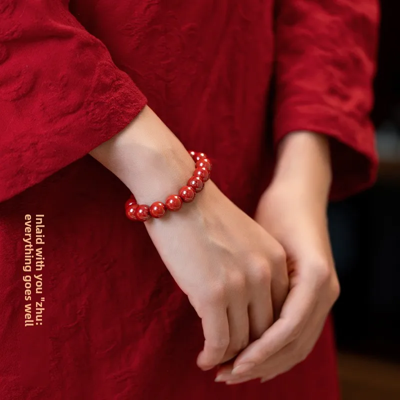 Chinese Style Natural High Purity Emperor Cinnabar Beaded Bracelet Lucky Blessing Fortune Feng Shui Unisex Bracelet For Women