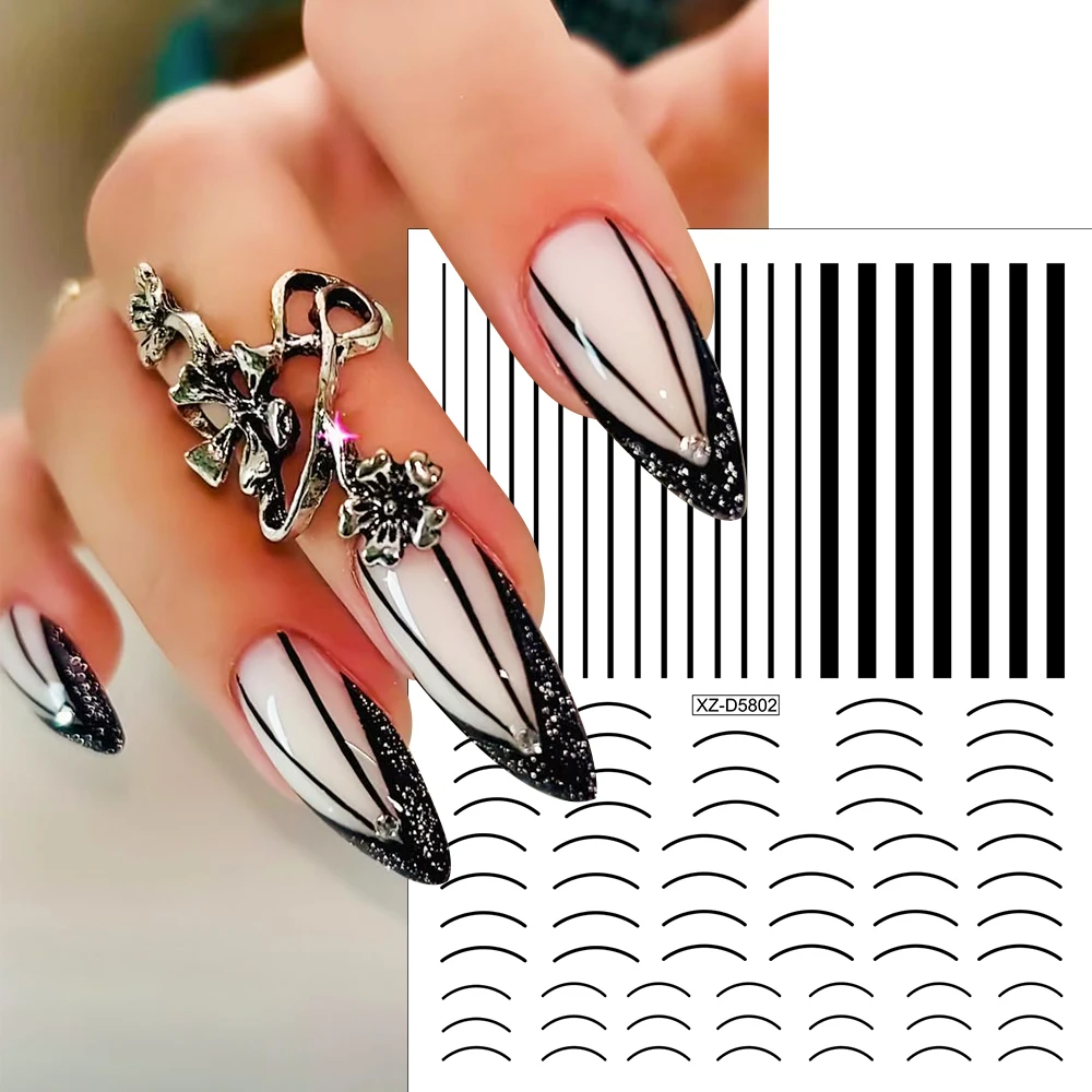 1Pcs 3D Black French Lines/Stripe Nail Art Sticker Matellic Curve/Wave/Geometry Self-Adhesive Decals DIY Manicure Decorations #*