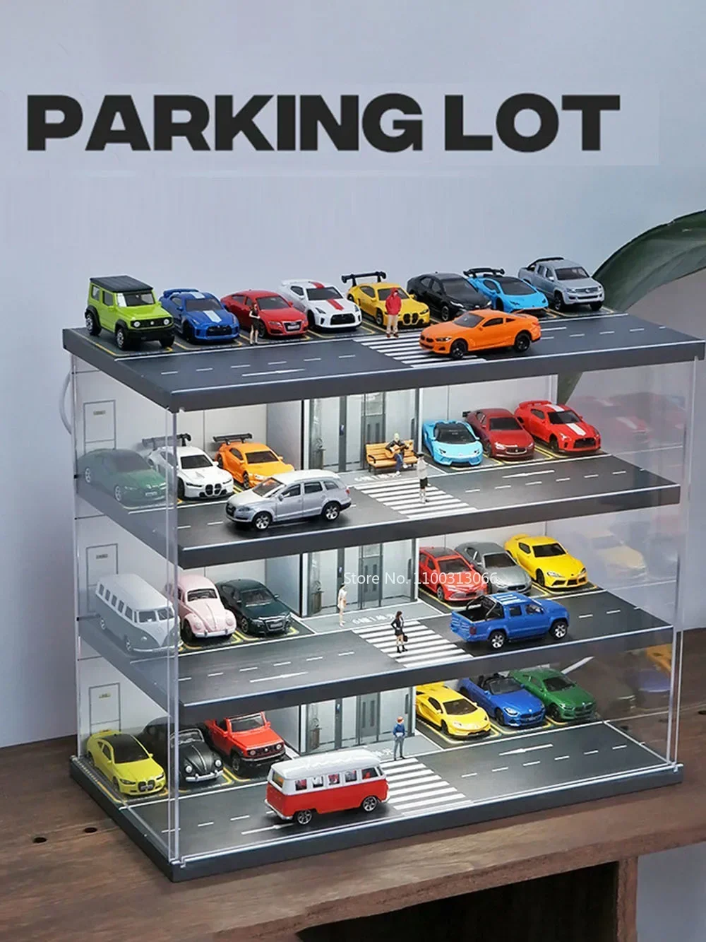 1:64 Parking Lot Scene Car Model Double Deck Storage Box Toy Garage Transparent Dustproof Built-In Light Parking Collection Gift