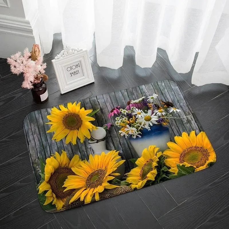 Sunflower Pattern with Hallway Non-slip Rug Suitable for Kitchen Living Room Porch Balcony Spring Home Decoration Welcome Mat