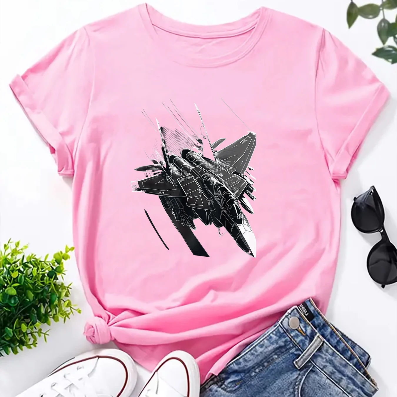 女性用半袖カジュアルTシャツ、女性用Tシャツトップス、ミリタリージェット戦闘機、飛行機プリント楽しい、ファッションパターン