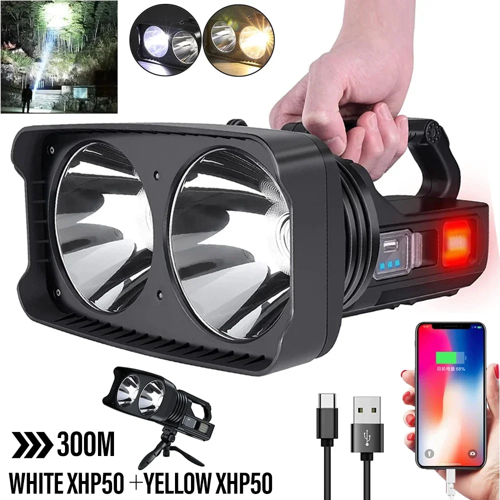 

Portable LED Spotlight 2*XHP50 White +yellow Camping Lantern with Side Light USB Rechargeable Flashlight Waterproof Searchlight