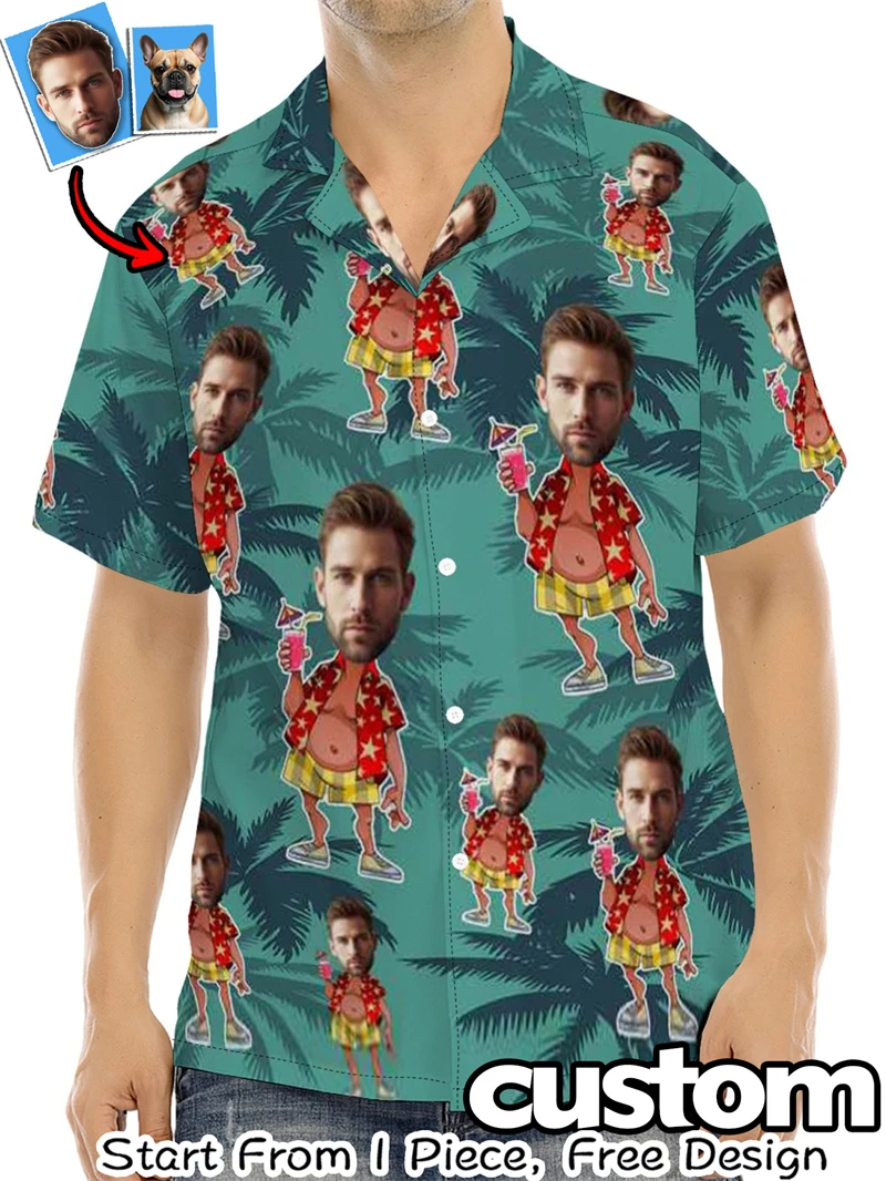 

Funny Face Hawaiian Male Shirts Custom Photo Pet Print Tropical Palm Pattern Button Up Short Sleeve Summer Women Shirt Clothes