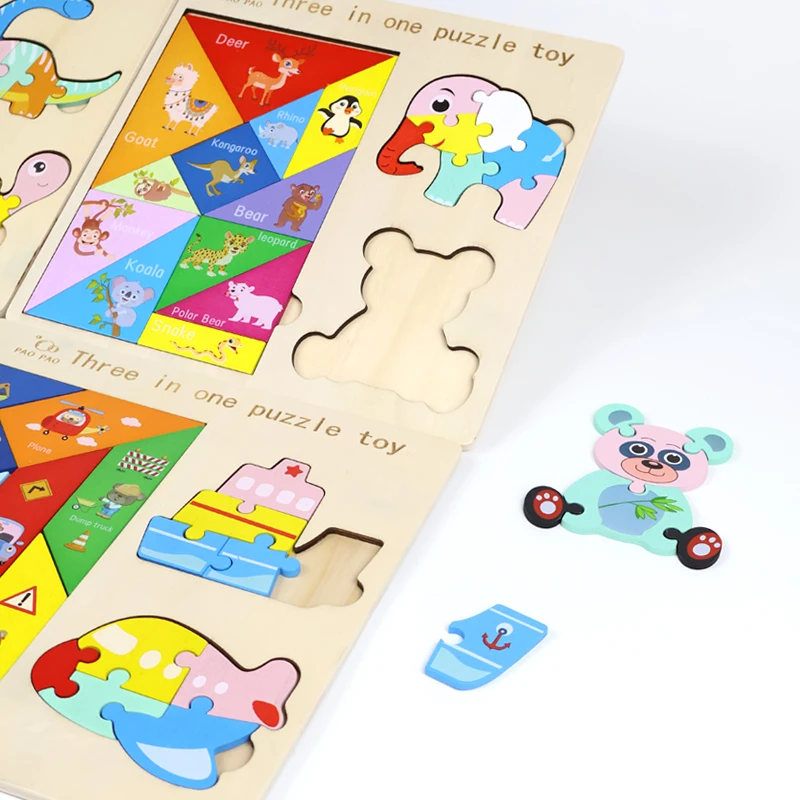 3 in 1 Wooden Tangram Jigsaw Puzzle Toy Educational Creative Geometric Shape Color Cognition Wood Building Blocks Gifts for Kids