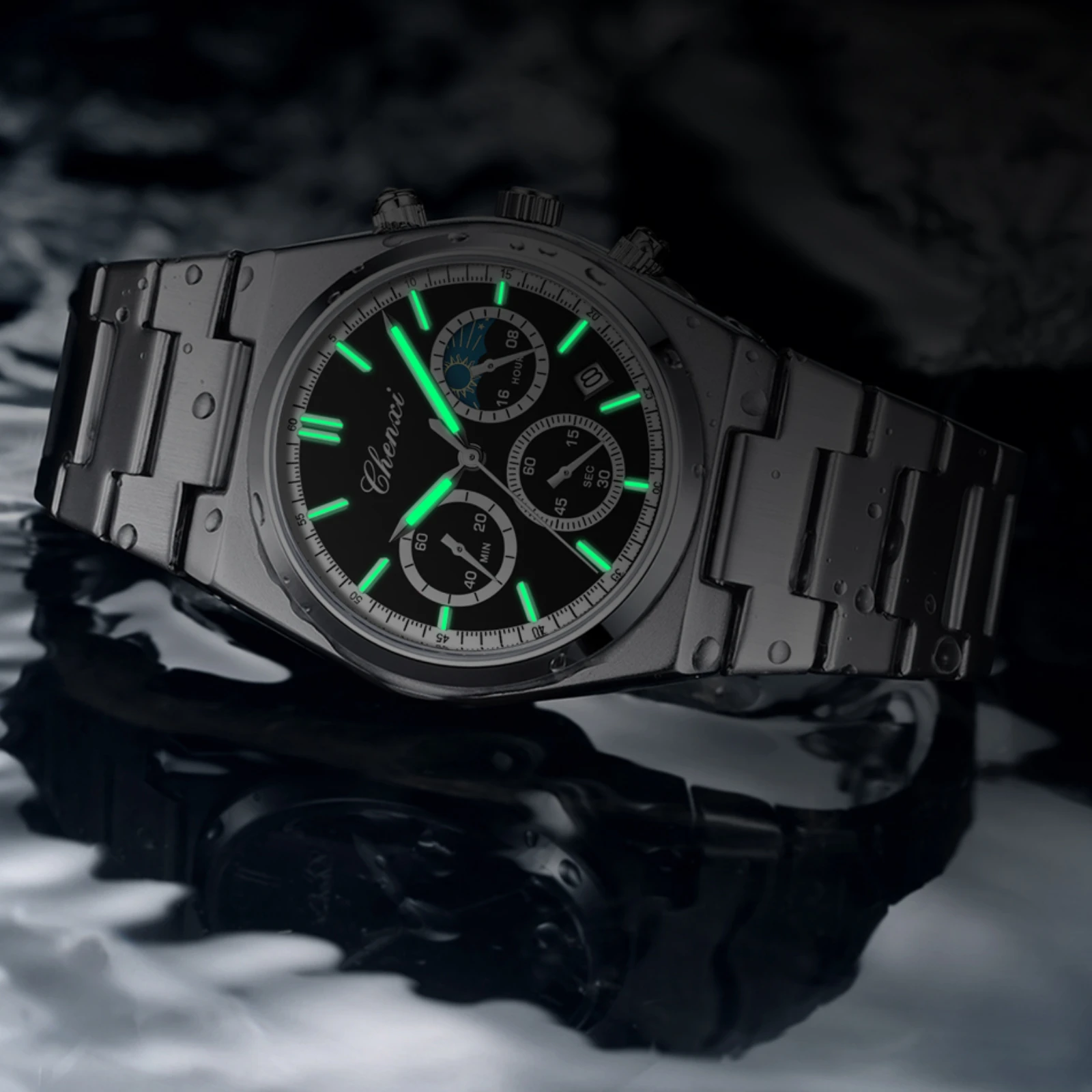 CHENXI 983 Multi Functional Calendar Moon Phase Timing Night Light Waterproof Steel Strip Watches for Men Relojes Para Hombres