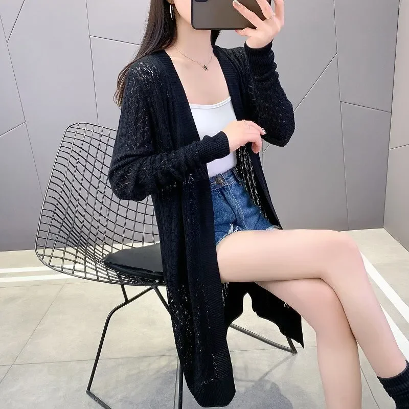 

Summer New Thin Knitted Cardigan Sweater Women Mid-Length Sun-Protective Clothing Loose Korean Hollowed-Out Shawls Outwear T1471