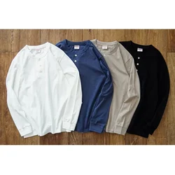 Sauce Zhan Tops & Tees Henley Tee Mens T-shirt Long Sleeve Henry Collar Pure Cotton Solid Color 230g Loose Fit