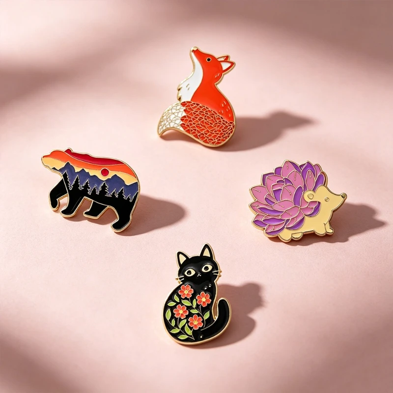 Cartoon Animal Brooches Fox Hedgehog Black Cat Bear Pattern Gift Metal Badges Pins DIY Clothing Bags Hat Scarf T-shirt Accessory
