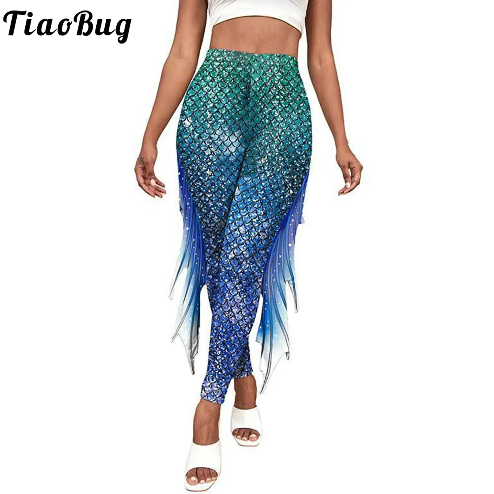 Shiny Mermaid Leggings for Womens Fish Scale Print Trousers Pants Halloween Cosplay High Waist Pencil Pants Pantyhose Clubwear