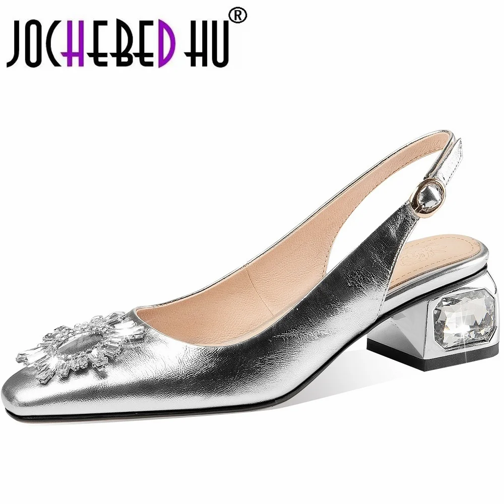 

【JOCHEBED HU】Spring Summer Women Pumps Concise Fashion Square Toe Low Heels Genuine Leather Slingbacks Sandals Shoes 34-41