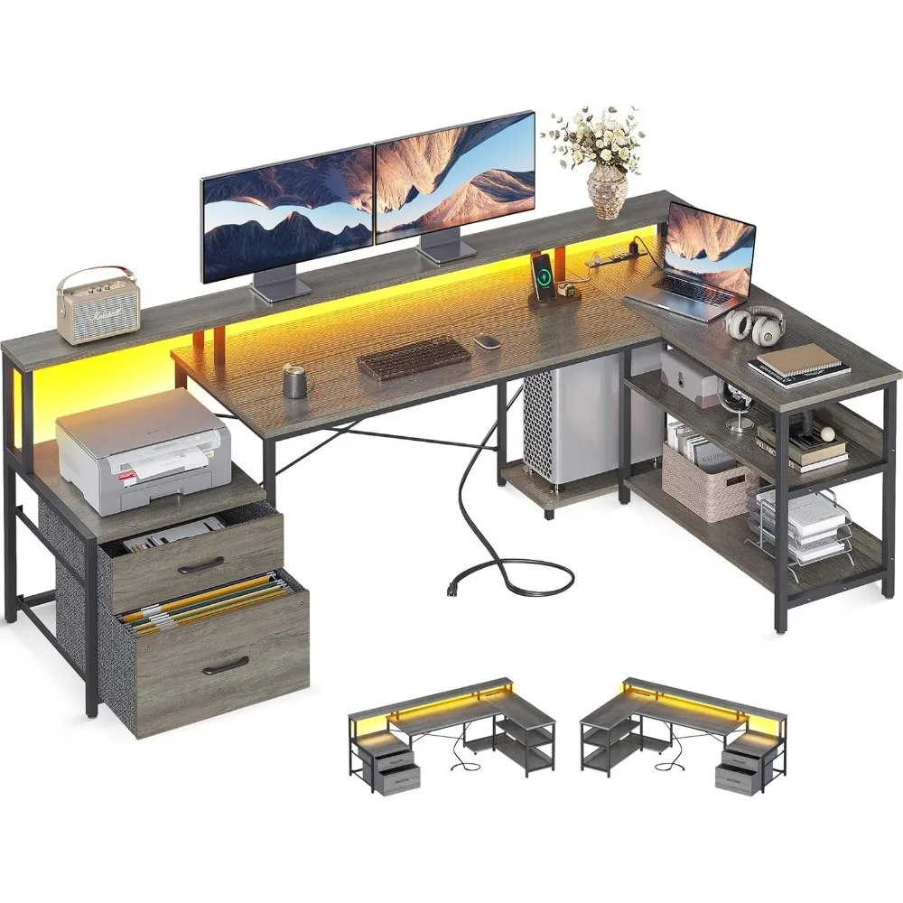 Рабочий стол, L-образный компьютерный стол с розеткой и светодиодной лентой с хранилищем, Рабочий стол