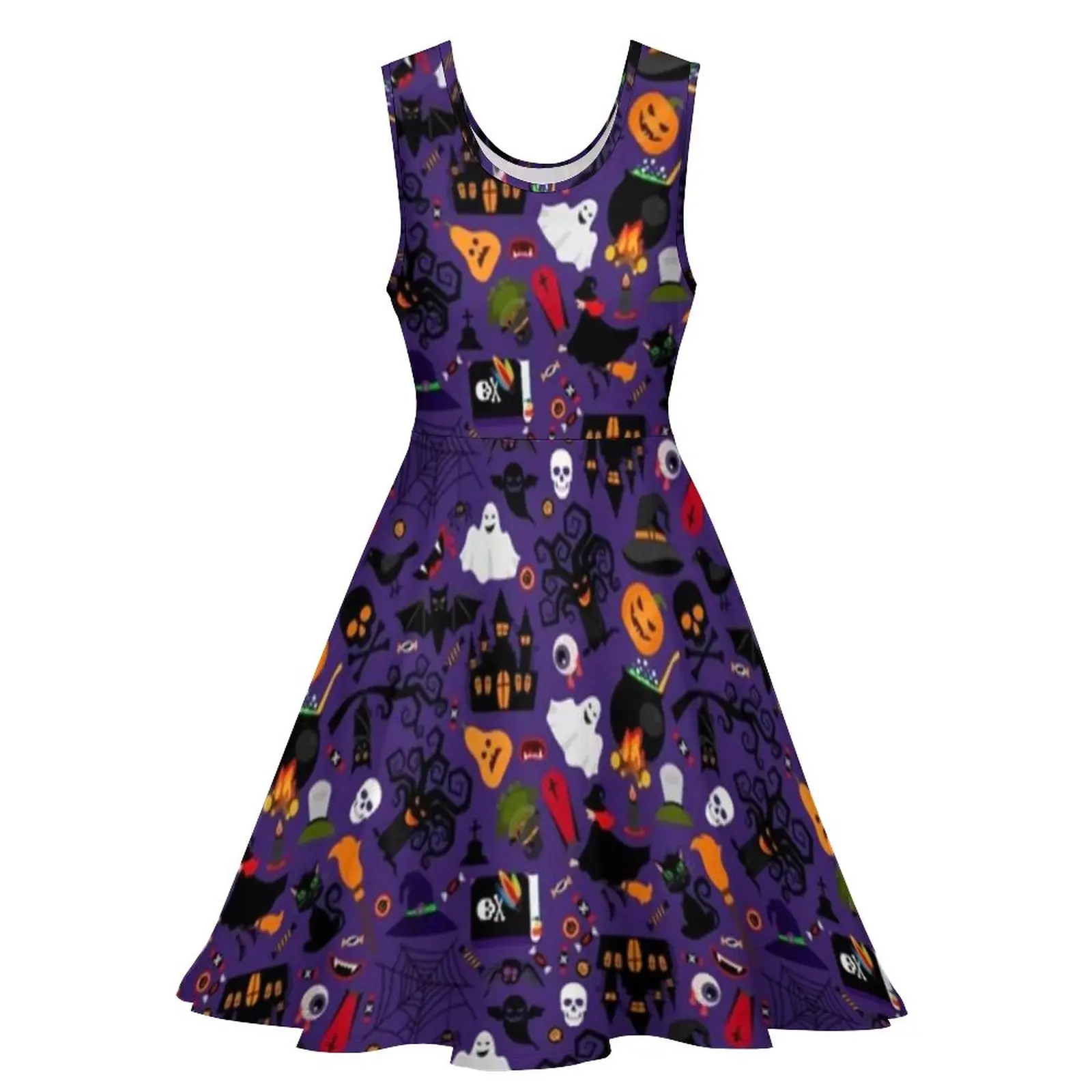 Vintage Halloween Scary Dress Cartoon Ghots Cat Pumpkin Pretty Dresses High Waist Casual Skate Dress Ladies Graphic Clothing