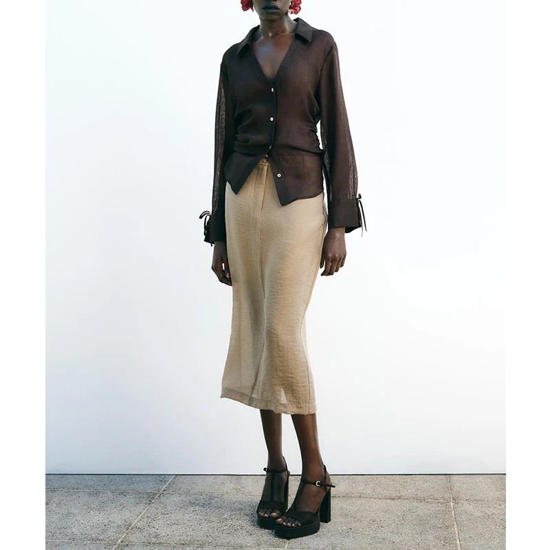 Summer New Women's Faion  Knot Decorated Semi-Transparent Long Sve V-Ne irt Top Polyester Fiber 00%