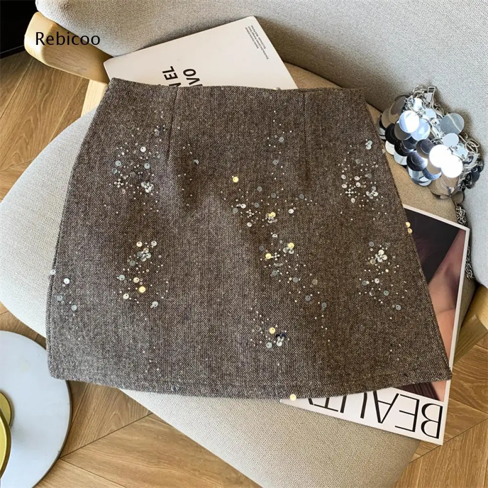 Elegant Style Sequin Decor Tweed Mini Skirt For Women High Waist A Line Short Bottoms For Leisure Gathering And Photo Shoots