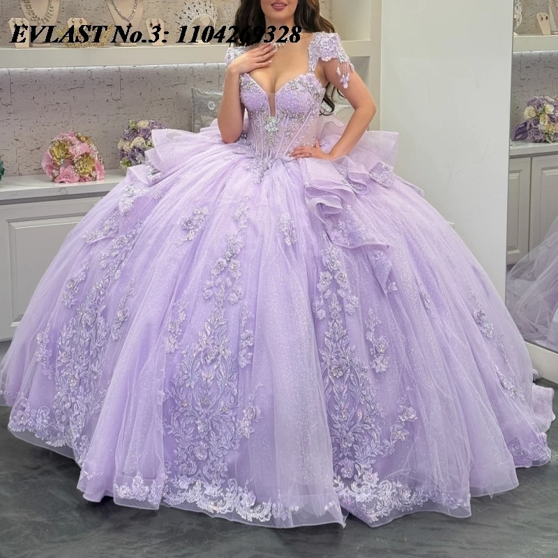 

EVLAST индивидуальное сиреневое платье принцессы Quinceanera, бальное платье с блестящей аппликацией и бисером, многоуровневое сладкое платье 16, Vestidos De 15 Anos E3Q698