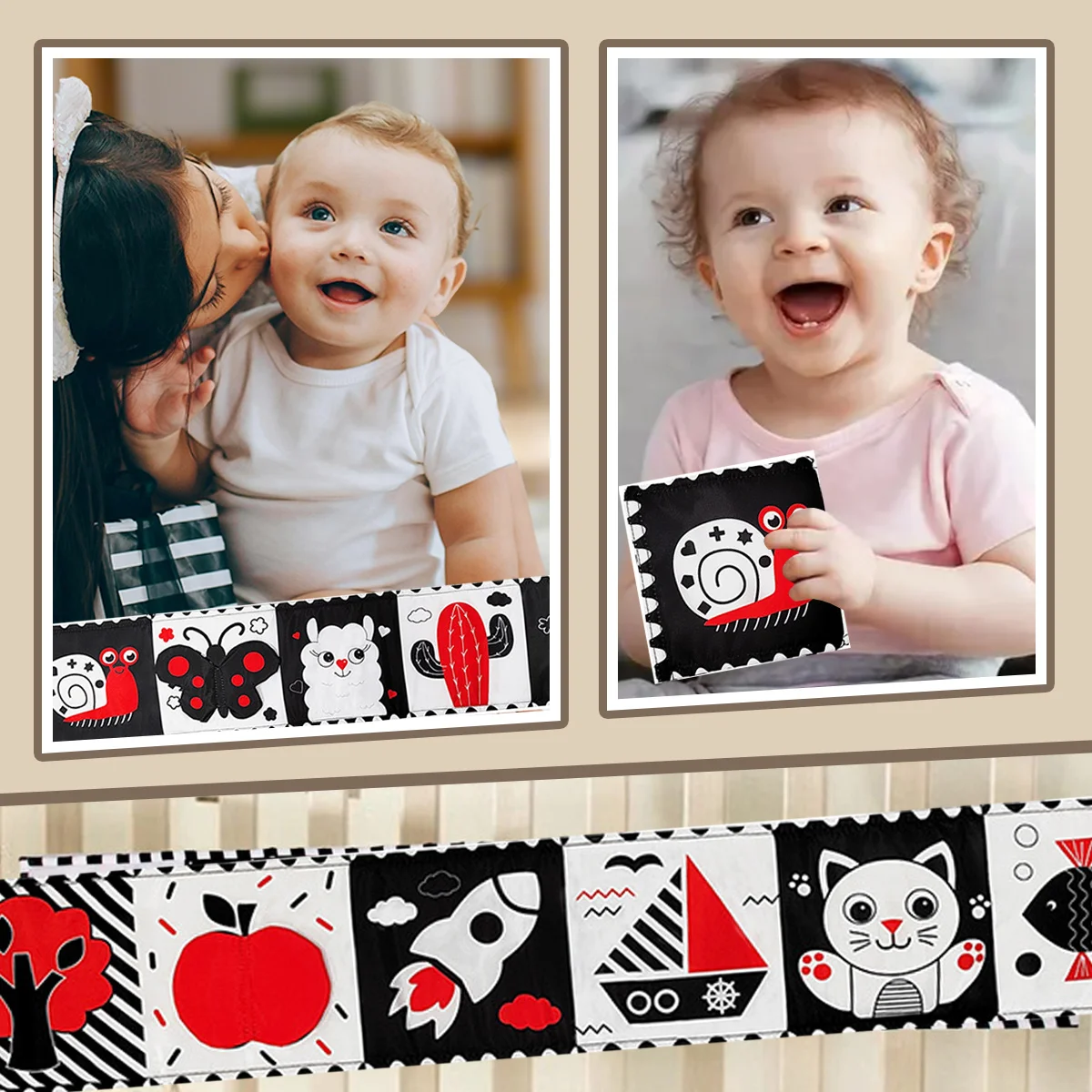 Libri morbidi in tessuto per bambini, bianco e nero ad alto contrasto, pieghevoli, lavabili, giocattolo educativo sensoriale, regali di compleanno perfetti