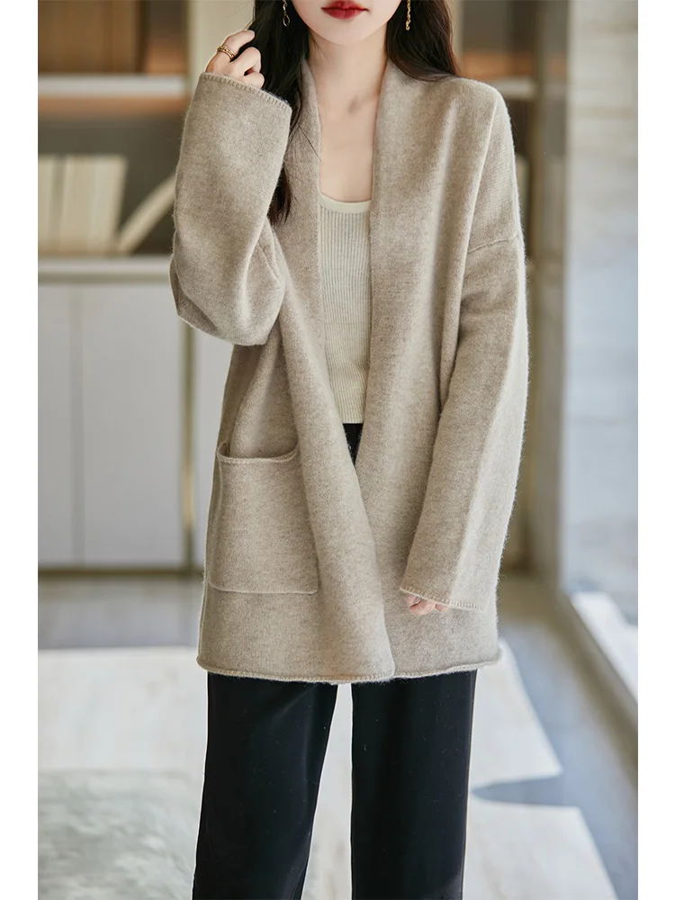 Aliselect Jaket Rajutan Fashion Wanita Sweter Saku Kerah V Lengan Panjang Musim Semi Musim Gugur Musim Dingin Atasan Kardigan Wol Merino 100%