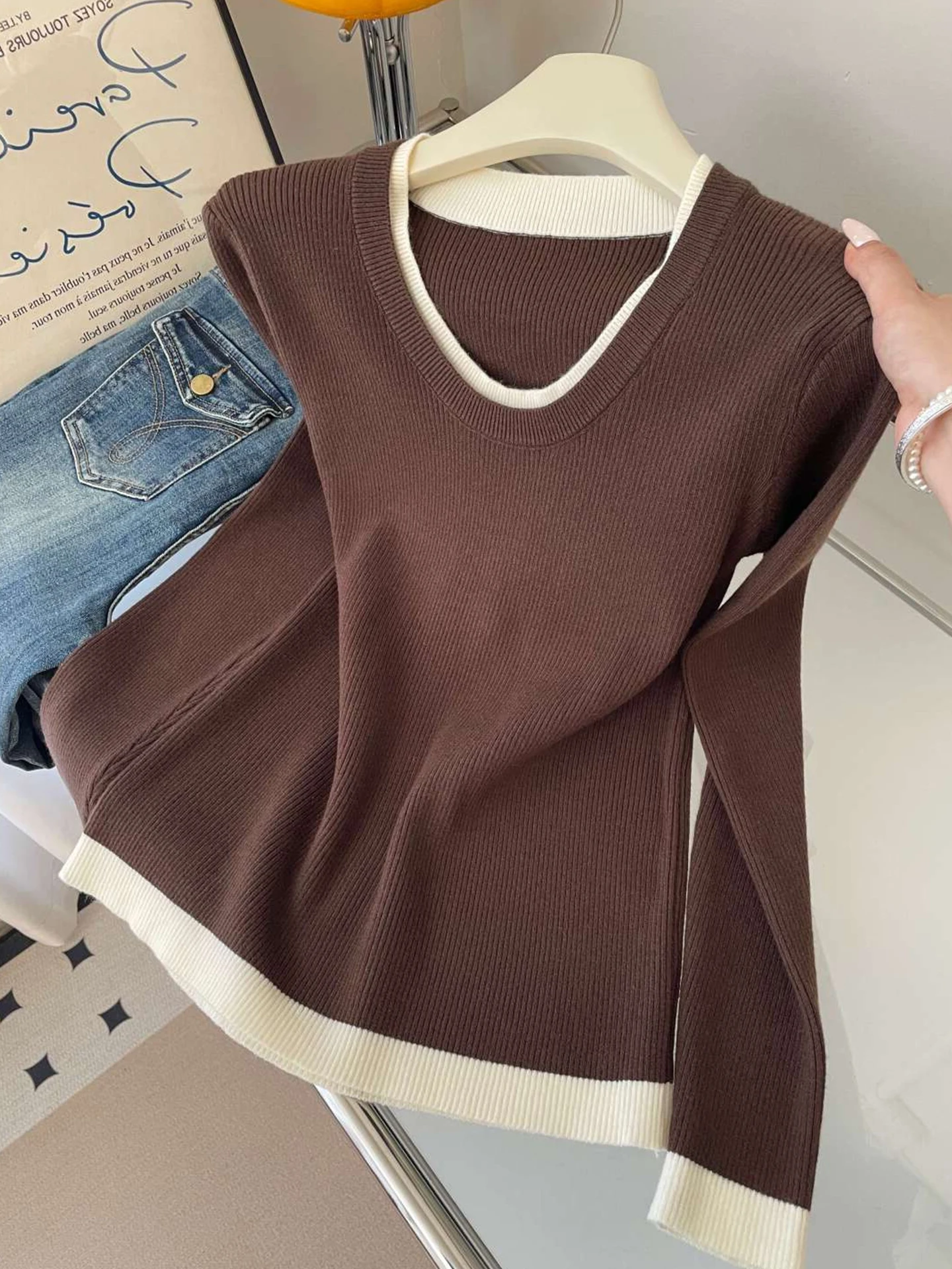 Korean Sle Fake Two-Piece Base irt Slimming Vintage Long Sve Knitted Top Casual Commute Women's Faion Winter 2025
