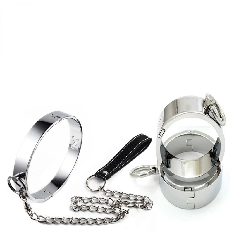 HotX Metal Steel Bondage Cuffs Collar Handcuff Ankle Wrist Cuff Shackl Slave Sex Restraint Necklace Sex Toy for Couple