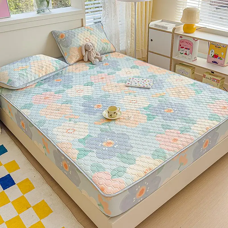 

2/3Pcs Bed Fitted Sheet Set with Pillowcases, Cool Silk Latex Cooling Summer Thick Ice Silk Fitted Sheet for Single Double Bed