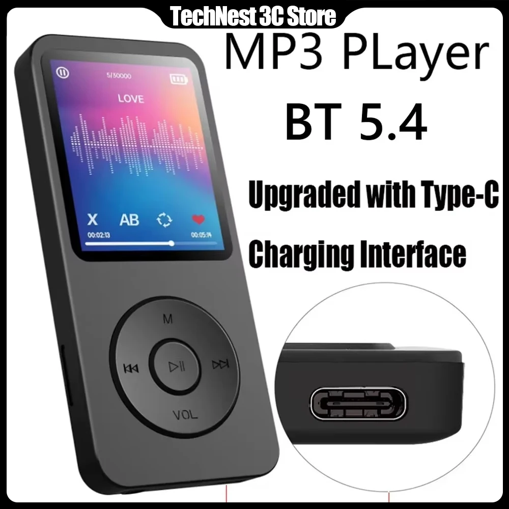 

Портативный MP3-плеер с экраном 1,8 дюйма, Type-C, Bluetooth 5.4, совместимость с электронными книгами, записью, функциями MP4, FM-радио и воспроизведением музыки