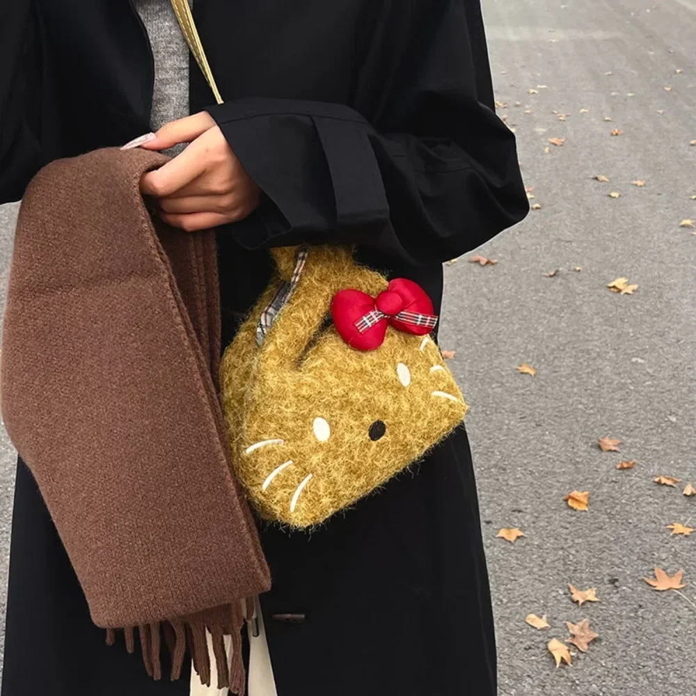 Nuevo bolso de mano de Hello Kitty Miniso, bolso de hombro con lazo bordado de felpa, Mini cesta de verduras de mano de fieltro de dibujos animados, regalos