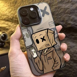 Cartoon Box Man Pattern Plating Phone Case for iPhone 17 16 15 14 13 12 11 Pro Max Air 16E 7 8 14 15 Plus Shockproof Matte Cover