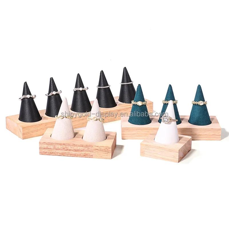 Custom. Commercial Jewelry Store Counter Top 1 2 3 5 Unit Green Microfibre Finger Cone Ring Holder Wooden Jewelry Display Stand