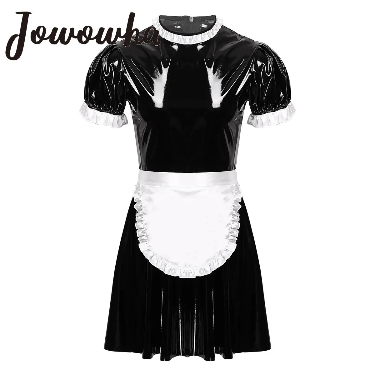 

Men Sissy Maid Dress Sexy Cosplay Costume Short Puff Sleeve Wet Look Patent Leather Maid Servant Uniform Flared Dress with Apron