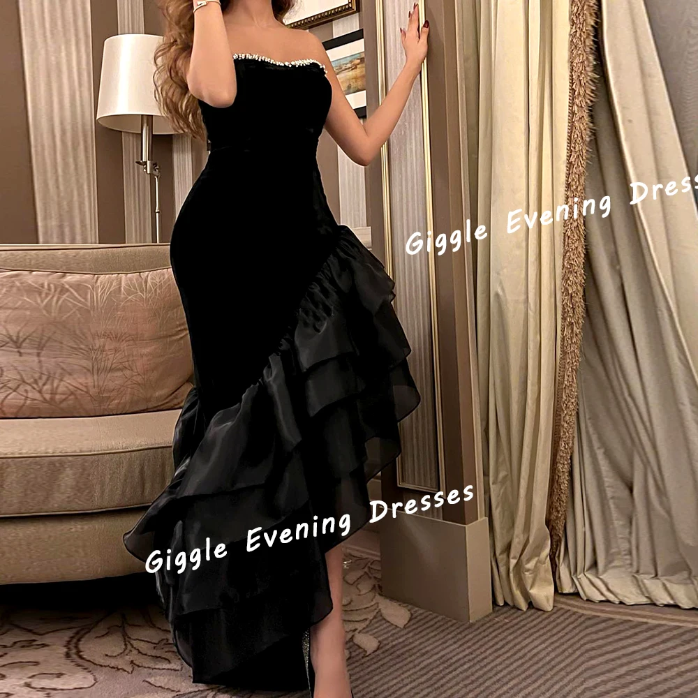 Giggle Crepe Strapless Beading Ruched Prom Gown Saudi Arab Close Fitting Ankle-Length Sexy Evening Party Dresses for Women 2024