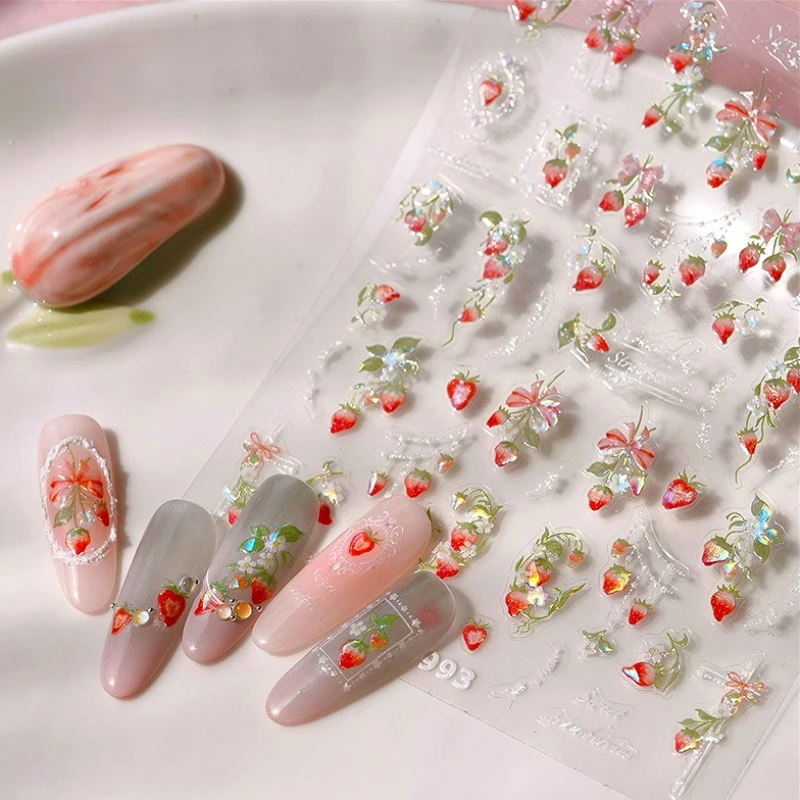 Morango retro renda borda flor adorável fruta pérola pingente folhas auto adesivo arte do prego adesivos manicure decalque atacado