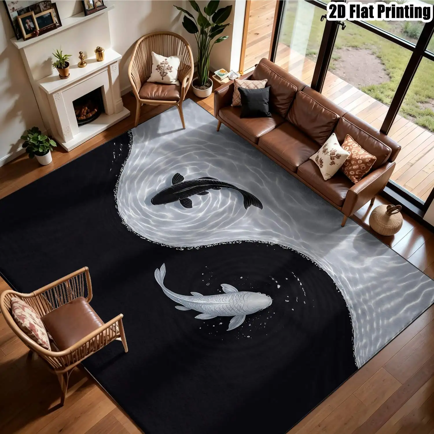 1Pc 2D Printed Tai Chi Koi Fish Pattern Carpet, Nordic/Instagram/Modern Minimalist/European Style, Geometric Striped, Home Decor, Multi-Size, Machine Washable, for Entrance, Dining, Foyer, Bedroom, Living Room
