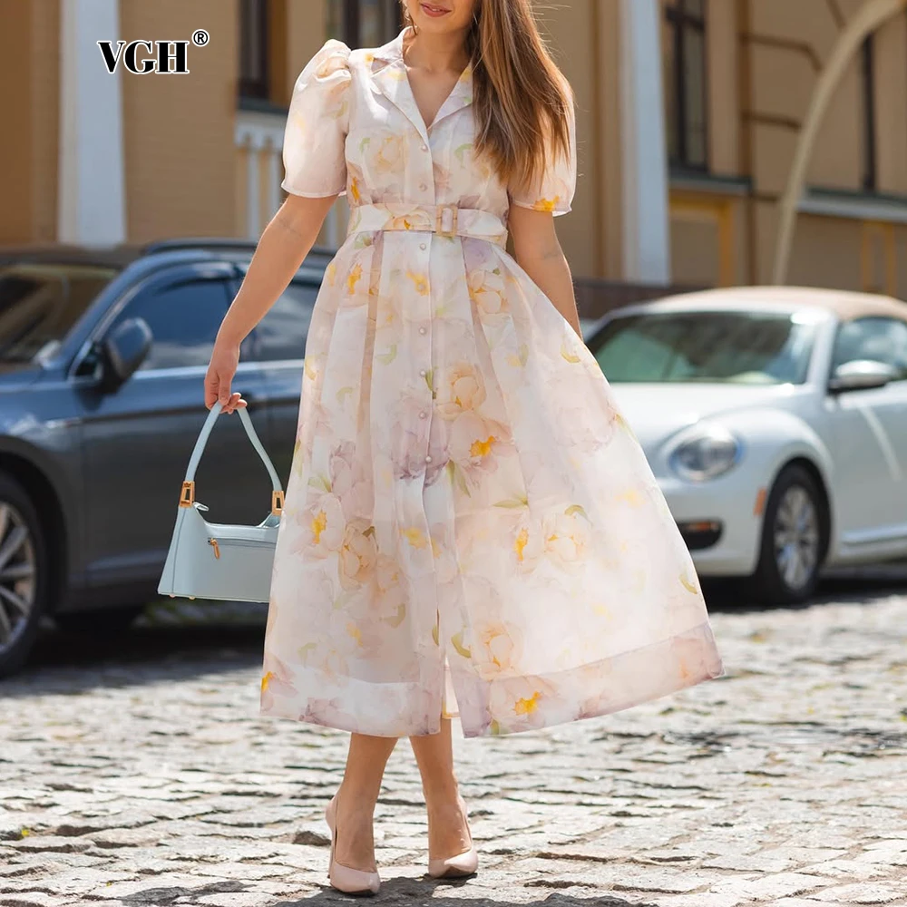 

VGH Elegant Retro Printing Chiffon Midi Dress for Women Lapel Short Sleeve High Waist Spliced Sashes Folds Dresses Female Summer