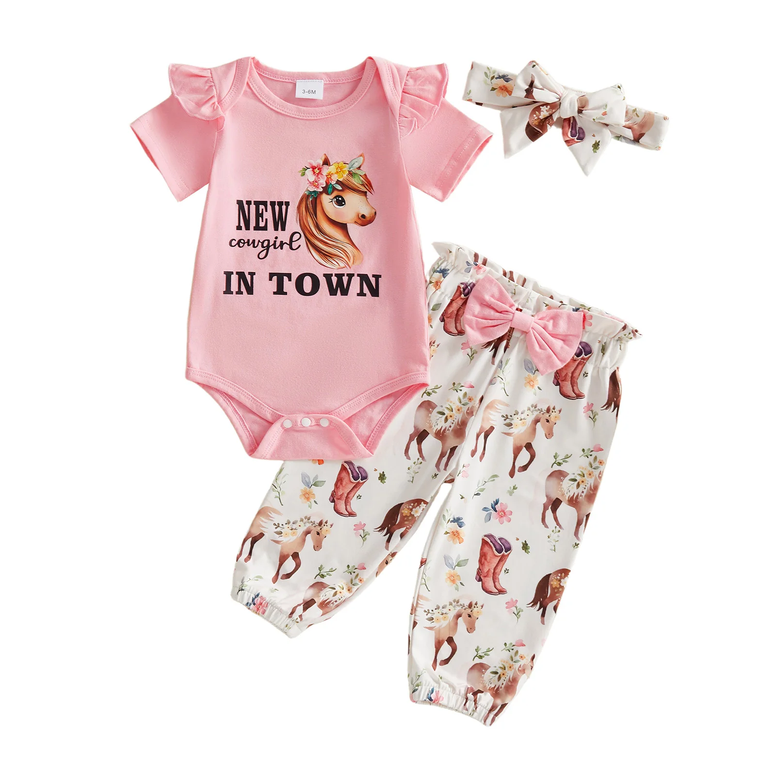 3 قطع الرضع فتاة راعية البقر الزي طاقم الرقبة كشكش قصيرة الأكمام خطابات طباعة رومبير مرونة الخصر السراويل ومجموعة عصابات رأس #1